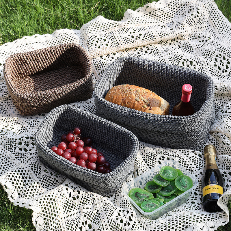 Cross-Border Nordic Ice Silk Thread Knitted Fruit Storage Basket Bathroom Storage Basket Handmade Woven Fabric Desktop Storage Basket