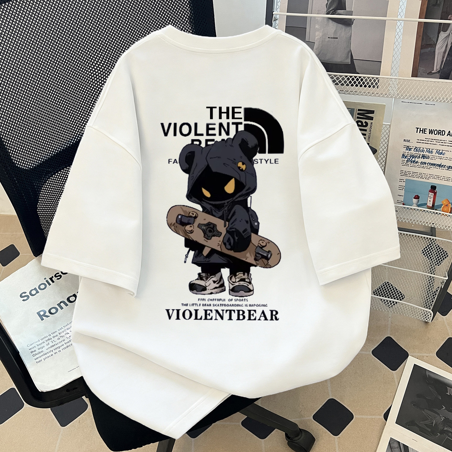 美式风暴力熊印花短袖T恤男女宽松纯棉情侣装夏季宽松百搭上衣潮