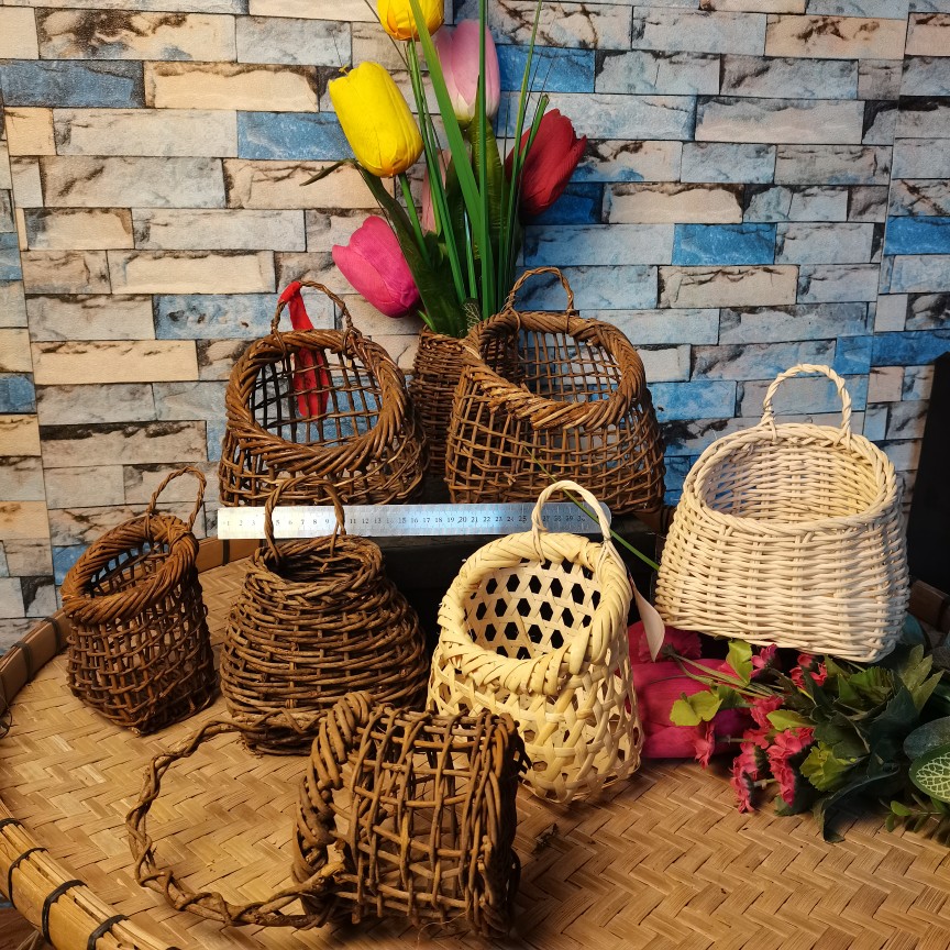 Kitchen Garlic Ginger Containing Toilet Hanging Basket Real Rattan Skewer Flower Basket Flower Pots Woven Wall-mounted Hanging Basket Day Style Floral-Taobao