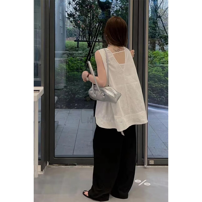 Mid-Length Sleeveless Shirt for Women, Summer Design with a Subtle Backless Detail, Linen Tank Top, Loose and Relaxed with a Draping Effect