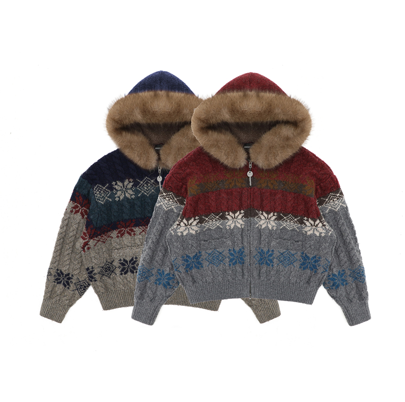 Masonprince* Christmas Limited Edition Snowflake Holiday Gift Fair Isle Fur Collar Hooded Wool Cardigan Masonprince* Christmas Limited Edition Snowflake Holiday Gift Fair Isle Fur Collar Hooded Wool Cardigan