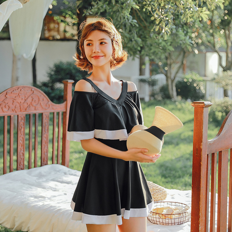 Lotus leaf side Han cute swimsuit woman conservative even body dress large size size fat mm Belly Button Slim hide meat Concealed Arm Swimsuit