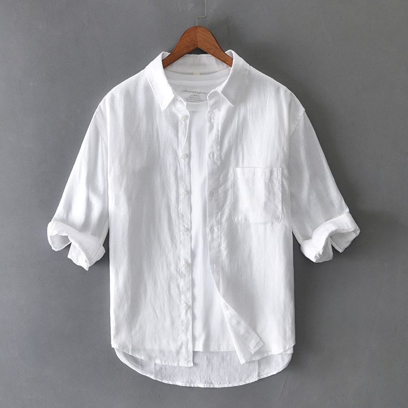 High-End Breathable Three-Quarter Sleeve Linen Shirt for Men, Summer Thin Style, Loose Fit, 7/8 Sleeve Cotton-Linen Shirt for Young People High-End Breathable Three-Quarter Sleeve Linen Shirt for Men, Summer Thin Style, Loose Fit, 7/8 Sleeve Cotton-Linen Shirt for Young People