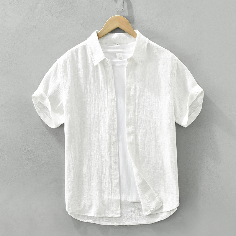 Summer Ramie Linen Shirt Men's Short-Sleeved Breathable Thin Cotton and Linen Shirt Loose Casual Pure White Men's Top