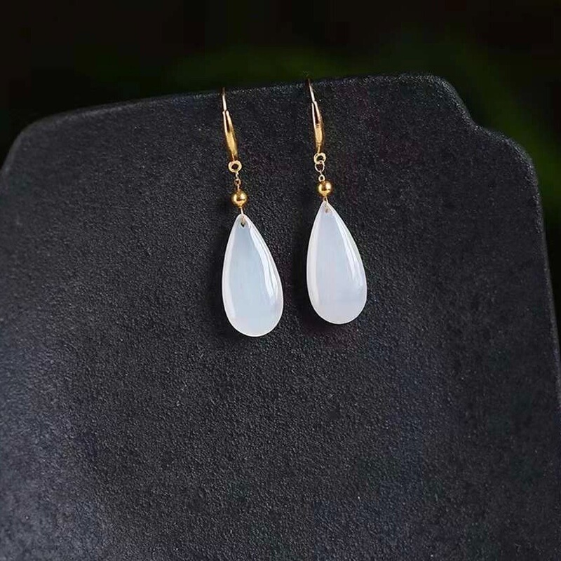 Natural Xinjiang Hetian Jade White Jade Water Drop Earrings 18K Thick Gold Inlaid Women's Long Hook Earrings