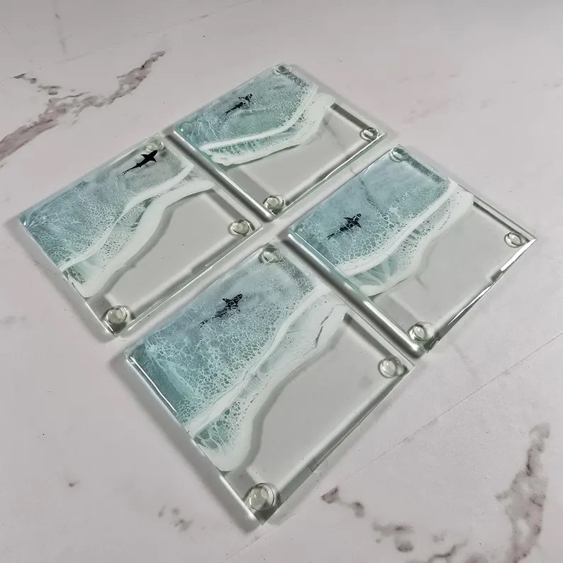 Creative ins Square Ocean-Themed Printed Shark Ocean Resin Wave Decorative Ornament Resin Coaster