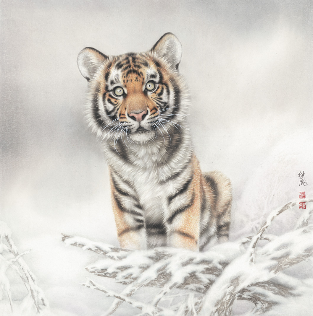 Famous painting art micro-spray decorative painting heart Liu Little tiger 28x28cm on paper