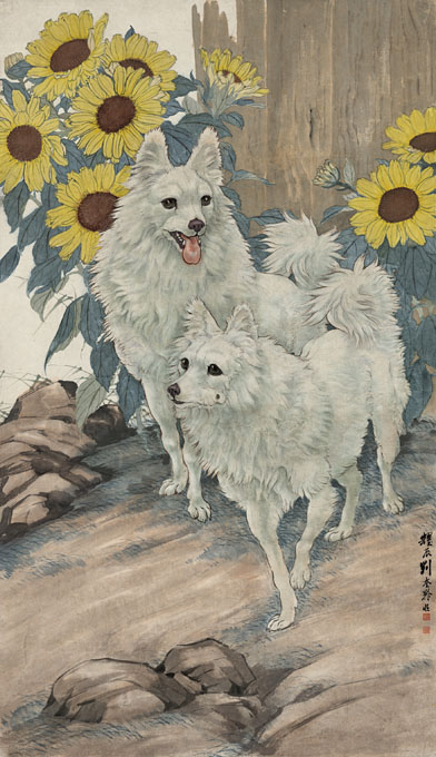 Copy Print Liu Kui Ling Sunflower Double Dog 46x81cm Paper Ben-Taobao