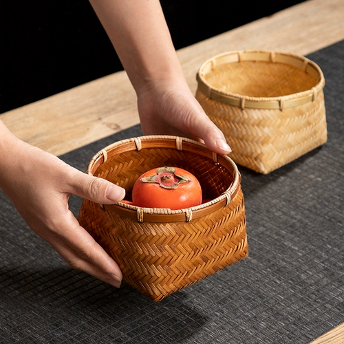 Корзина из натурального бамбука ручной работы, квадратное дно, бамбуковая корзина с круглым горлышком, корзина для хранения закусок, бытовая антикварная небольшая корзина