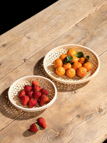 Natural Handmade Fruit Basket Steamed Bread Basket with Holes round Bamboo Woven