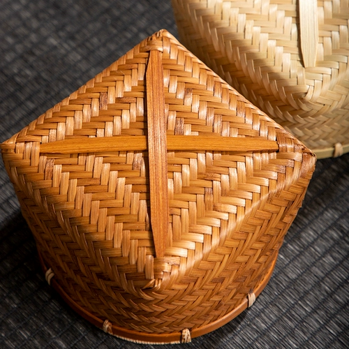 Корзина из натурального бамбука ручной работы, квадратное дно, бамбуковая корзина с круглым горлышком, корзина для хранения закусок, бытовая антикварная небольшая корзина