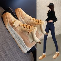 2021 autumn new high-top shoes female leather Joker students thick bottom Net red casual cotton shoes women plus Velvet