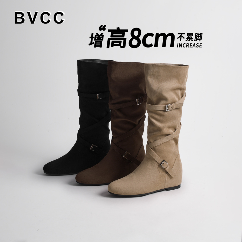 Bvcc Inner Height-Increasing Long Boots for Women, Petite Boots That Make You Look Slimmer, Vintage Versatile Western Cowboy High Boots