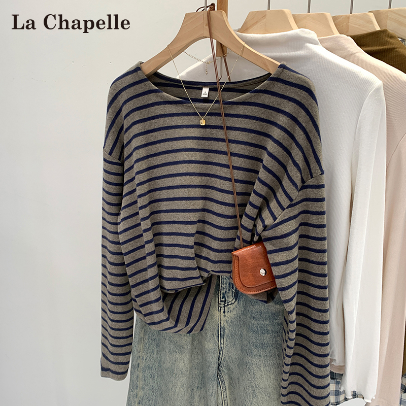 La Chapelle Korean-Style Striped Long-Sleeve T-Shirt for Women 2026 New Spring Round Neck Loose Slimming Color-Block Base Shirt