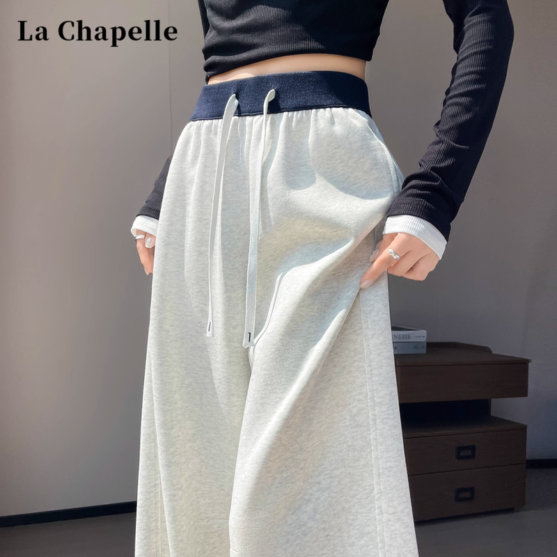 La Chapelle Patchwork High-Waisted Drawstring Sweatpants for Women, New Autumn Style, Lazy Casual Sweatpants, Scimitar Wide-Leg Pants
