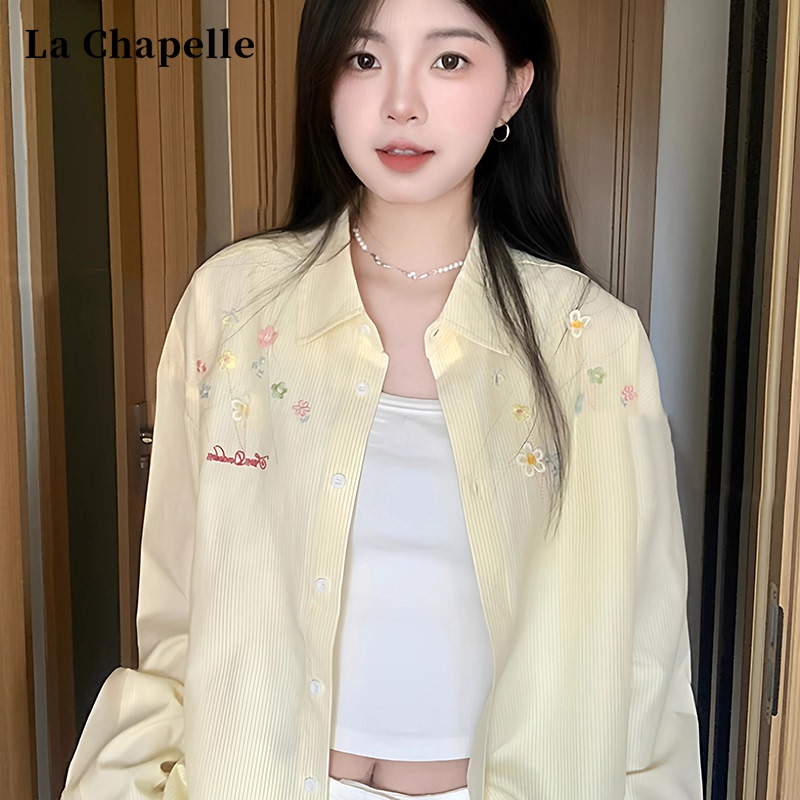 La Chapelle Light Yellow Floral Embroidery Long-Sleeve Shirt for Women 2026 Spring/Summer New Loose Top Blouse Jacket