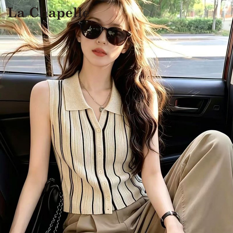 La Chapelle Old Money Style Striped Sleeveless Shirt for Women, Summer 2026 New Design Knit Polo Top La Chapelle Old Money Style Striped Sleeveless Shirt for Women, Summer 2026 New Design Knit Polo Top