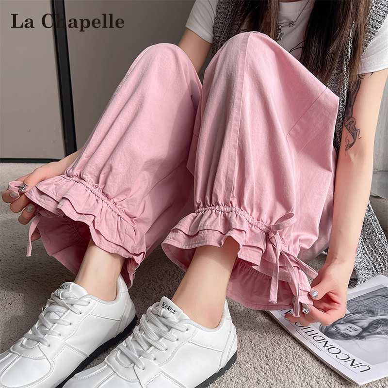 La Chapelle Pink Sweet Cuffed Bloomers for Women, Summer Thin High-Waisted Casual Cropped Wide-Leg Pants for Petite Figures