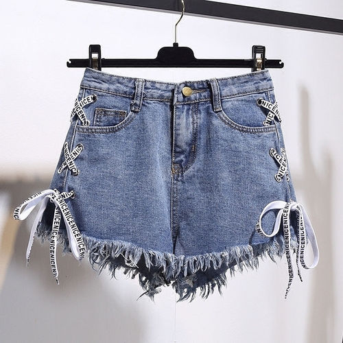 2009 Korean version of the new large-size fat mm hairy side strap high-waist jeans shorts Xia loose and thin broad-legged hot pants