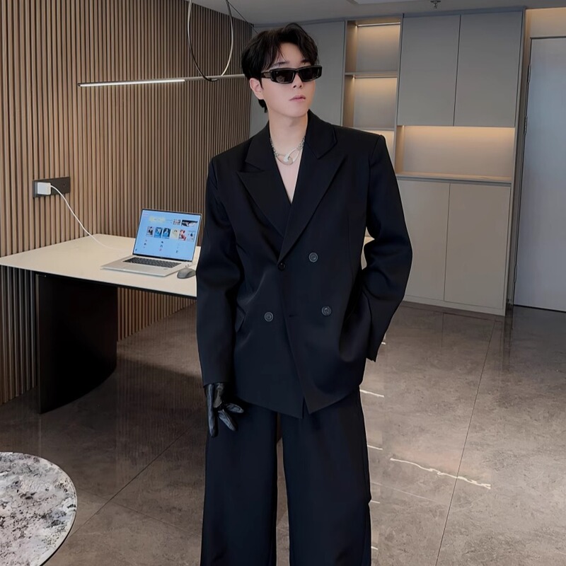 Rocca Black Double-Breasted Blazer for Men 2026 Spring New Style High-End Shoulder-Padded Loose Casual Suit