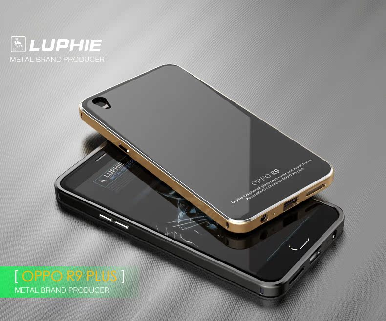 Luphie Aircraft Aluminum Metal Frame 9H Tempered Glass Back Cover Case for OPPO R9 Plus
