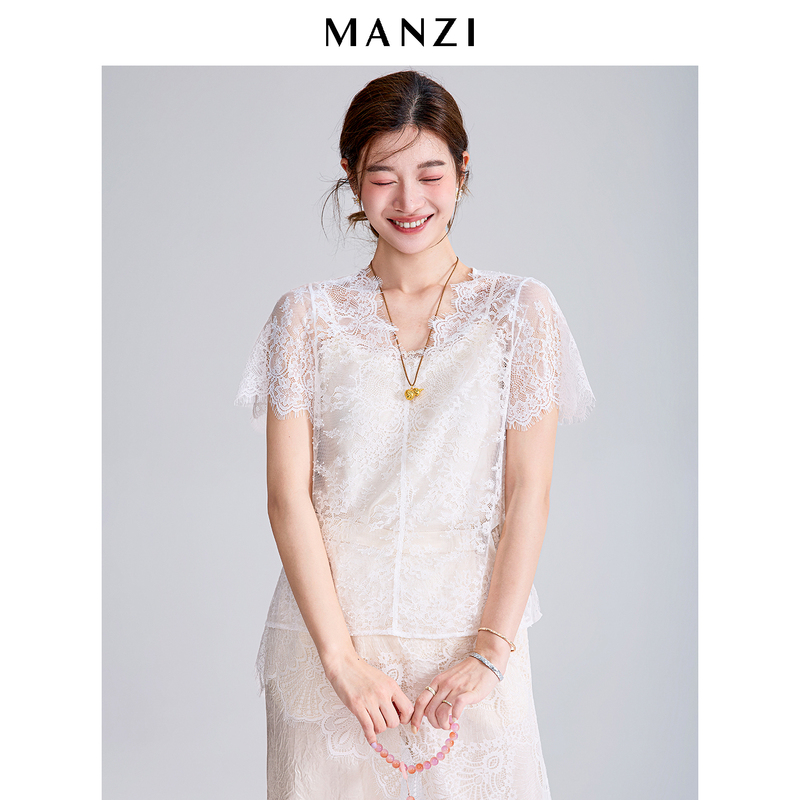 2026 Summer White Versatile Short-Sleeve V-Neck Mesh Lace T-Shirt for Women, Delicate and Skin-Friendly, Chinese Style Base Shirt Top