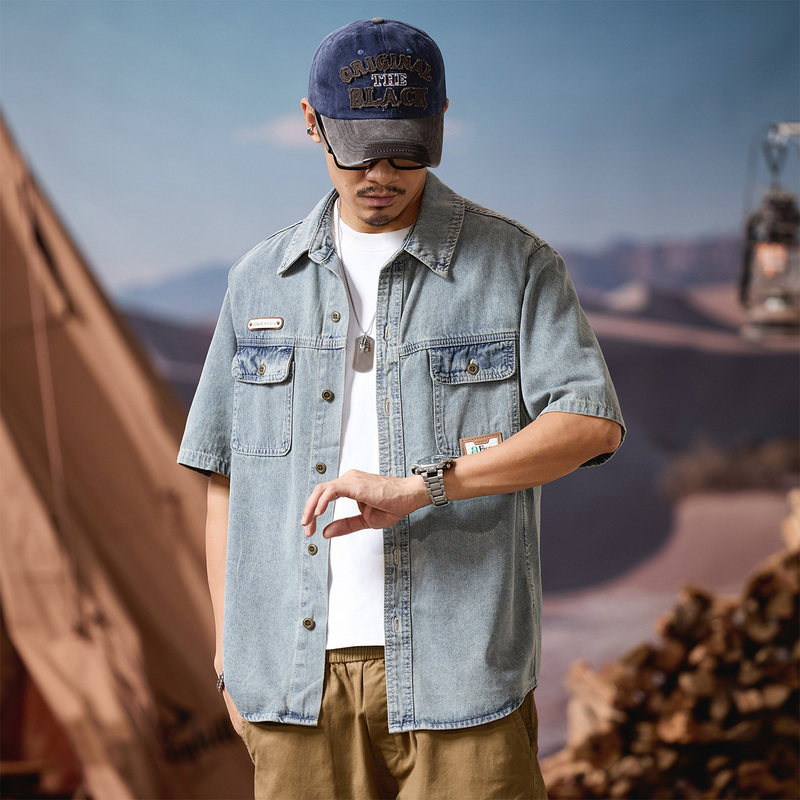 American Style Trendy Short-Sleeved Denim Shirt for Men, Thin, Loose, Breathable, Casual, Distressed, Turn-Down Collar Denim Shirt