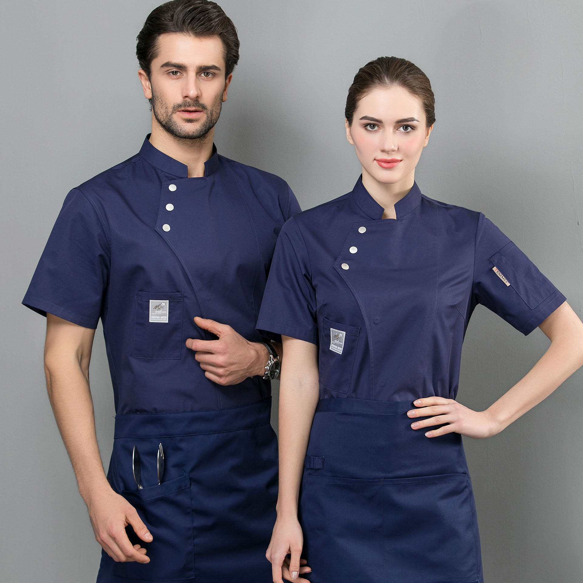 Chef của workclothes đàn ông tay áo ngắn bông mùa hè bếp khách sạn đầu bếp đầu bếp quần áo mỏng bông trắng nữ