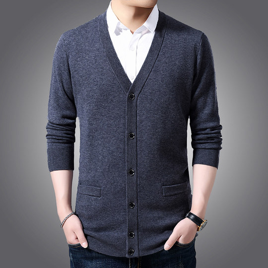 沐羊纯羊毛开衫男中年V领100加厚休闲毛衣爸爸针织外穿打底外套