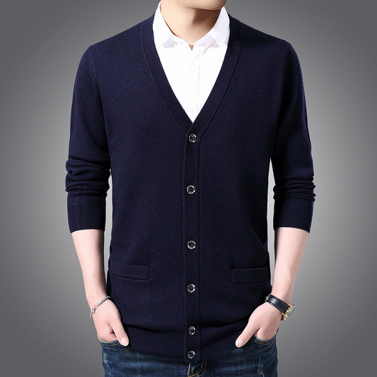 沐羊纯羊毛开衫男中年V领100加厚休闲毛衣爸爸针织外穿打底外套