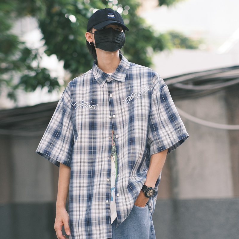 Plaid European and American Style Hip-Hop Embroidered West Coast Plaid Shirt Oversize Loose Five-Quarter Sleeve Shirt for Men and Women in Autumn