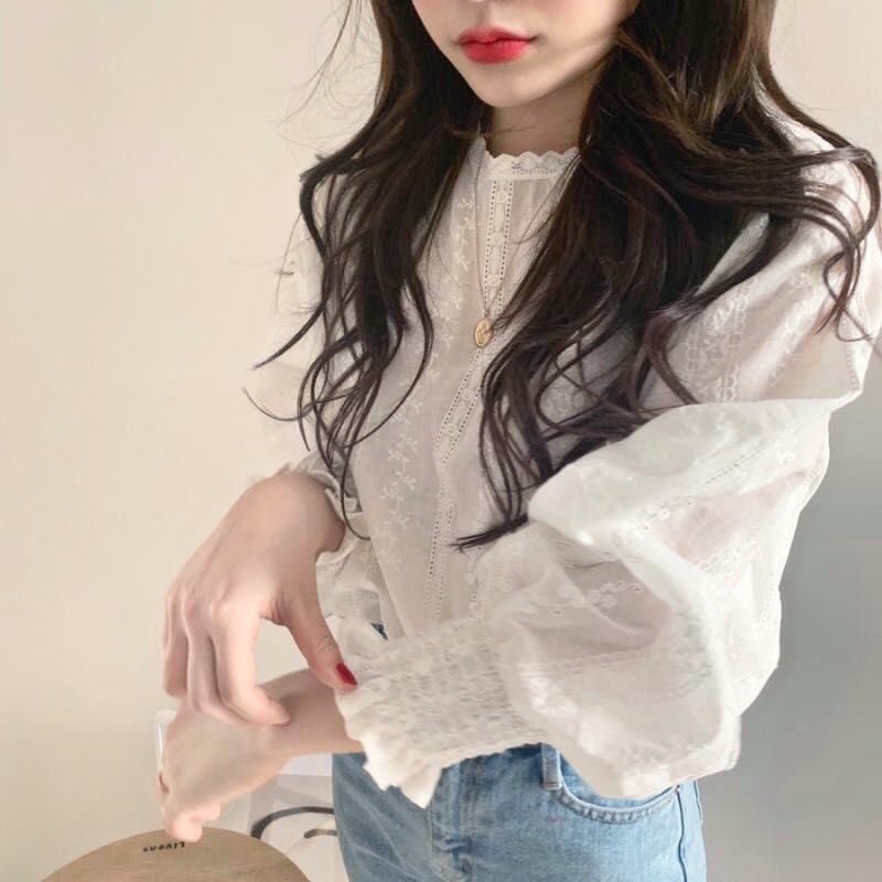 Puff-Sleeve Base Shirt, High-End Lace Top for Women, Mesh Fairy-Like Chic Age-Reducing Blouse, Loose Chiffon Shirt