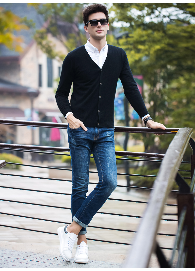 Áo len nam cực thu đông mới áo len nam v-cổ micro co giãn ấm áp áo len nam len nguyên chất - Áo len shop quần áo nam