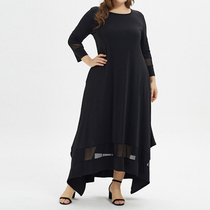 Large size womens clothing 70% sleeves mesh yarn round collar splicing open slit Muslim one-piece dress