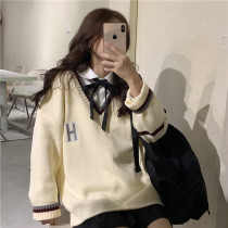Spring sweetness 2021 new easing reduction age college ethos V collar knit long sleeve sweater womens clothing student tide