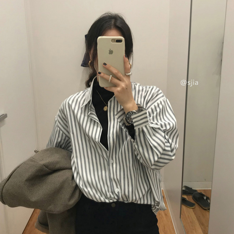 Four Happy Online Shop Han Prints Chic Loose Stripes Mid fashion Fashion Minus-Age Long Sleeve Shirt Woman Euphoric Closet