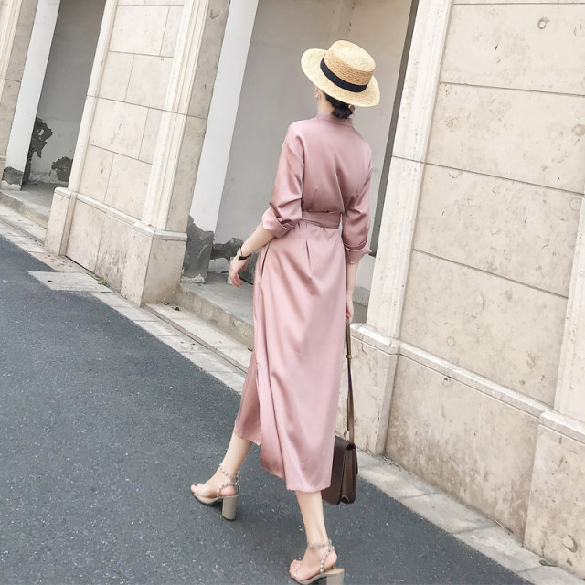 Long-sleeved pink dress 2023 spring and autumn new loose temperament shirt skirt female waist pphome skirt long skirt