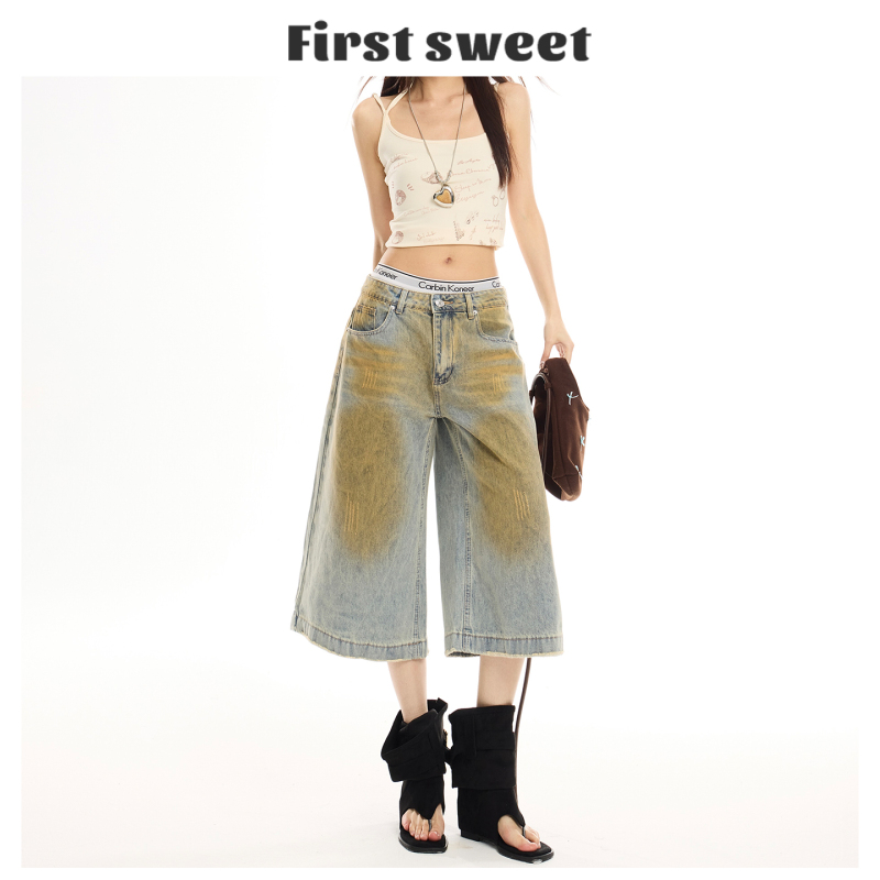 American-Style Spicy Girl Wasteland Style Blue Wide-Leg Cropped Jeans for Women, 2026 Summer New Low-Waist Slimming Mid-Length Pants