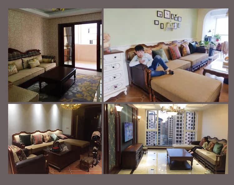 Yishu nổi tiếng nước Mỹ gỗ rắn sofa da bàn cà phê TV tủ góc kết hợp gói nội thất phòng khách - Bộ đồ nội thất bàn ghế gỗ phòng khách