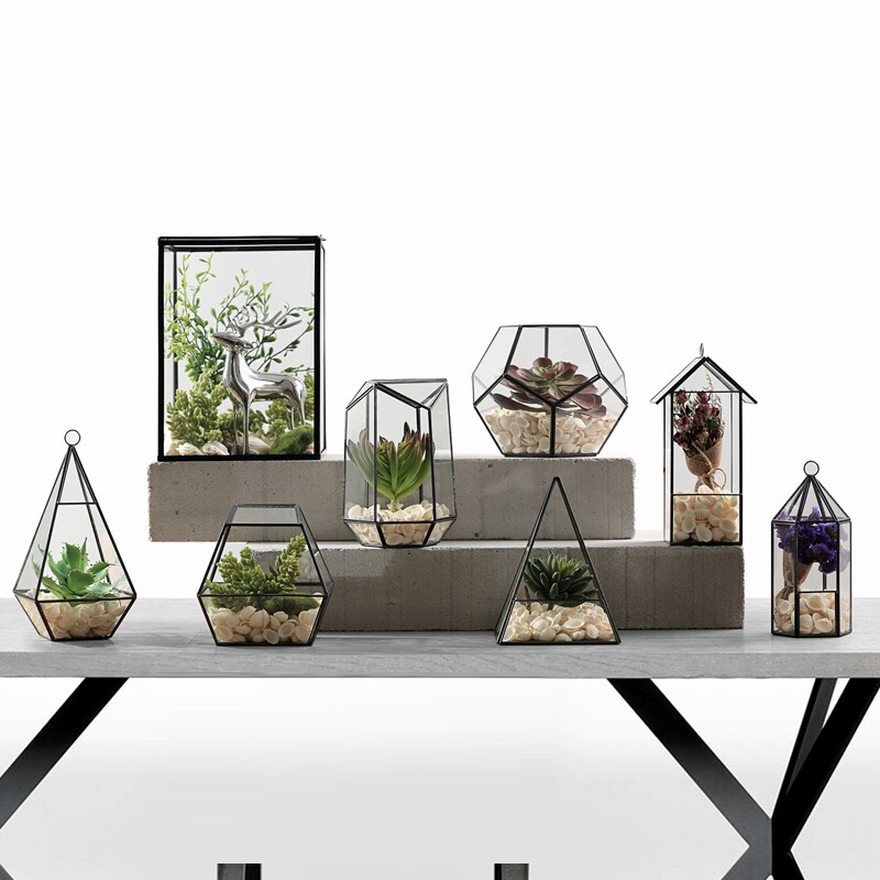 Creative Minimalist Office Wine Cabinet Decorations Furnishing Geometric Transparent Glass Hood Emulation Bonsai Pendulum Pieces Black