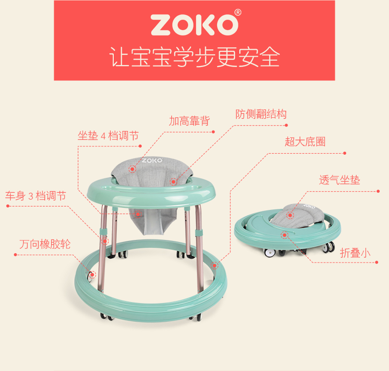 ZOKO bé tập đi 6 7-18 tháng bé trai và cô gái chống rollover đẩy có thể ngồi đa chức năng có thể gập lại