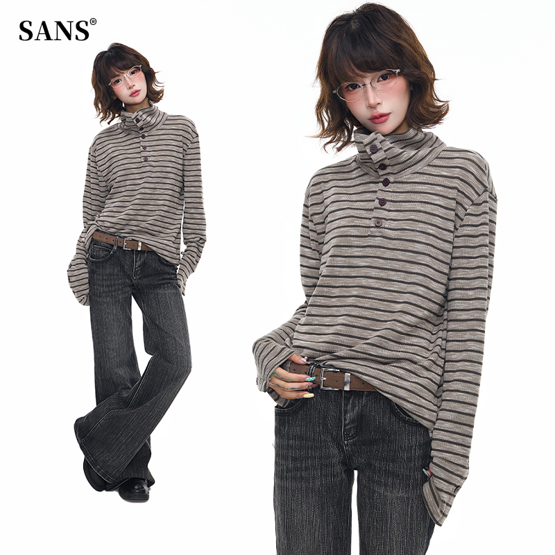 Sanowers American Retro Striped Stand-Up Collar Long-Sleeve T-Shirt for Women, New Spring Loose-Fitting Versatile Base Shirt Top