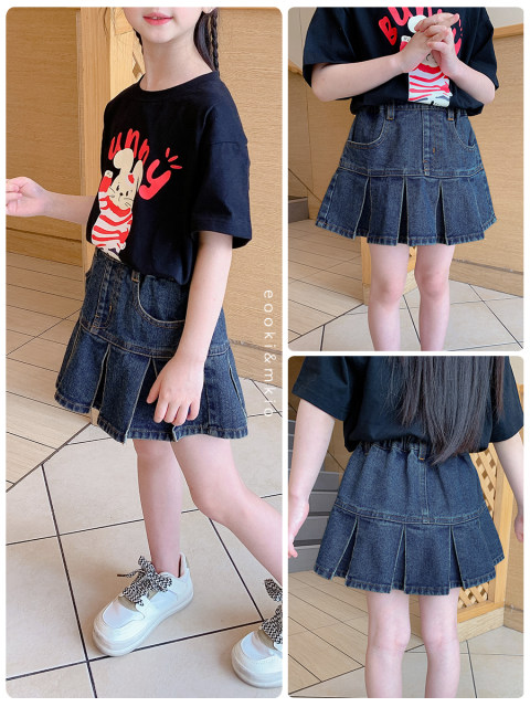 ເດັກຍິງ pleated denim skirt ເດັກນ້ອຍຂອງ accordion pleated skirt ຝ້າຍບໍລິສຸດ A-line skirt ບາດເຈັບແລະ 2024 summer ໃສ່ summer