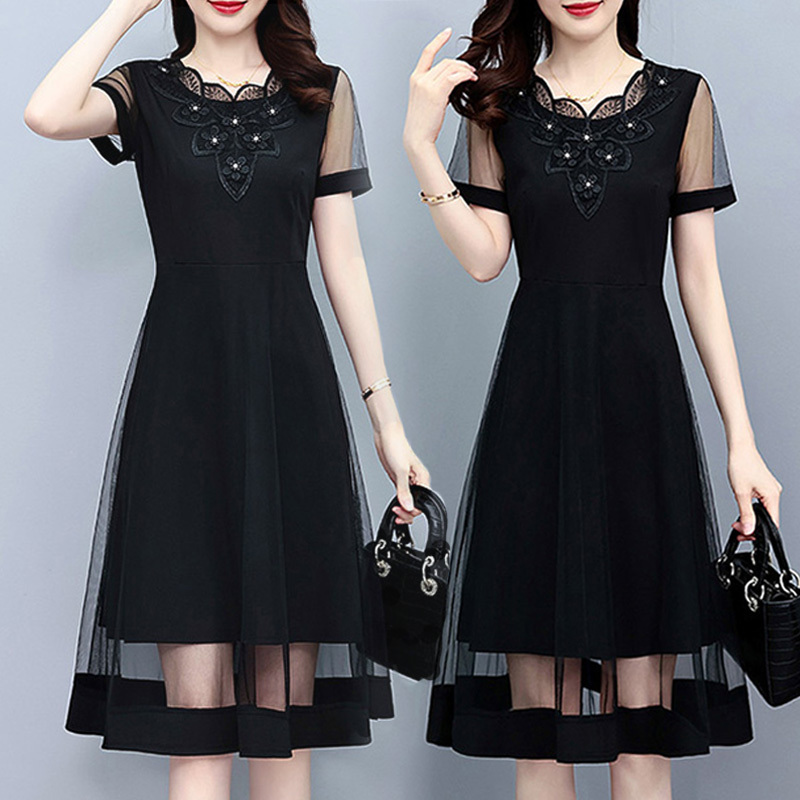 Fashionable High-End Plus-Size Women's Clothing for Moms, Summer Trendy Slimming Mesh Splicing French Short-Sleeve Dress