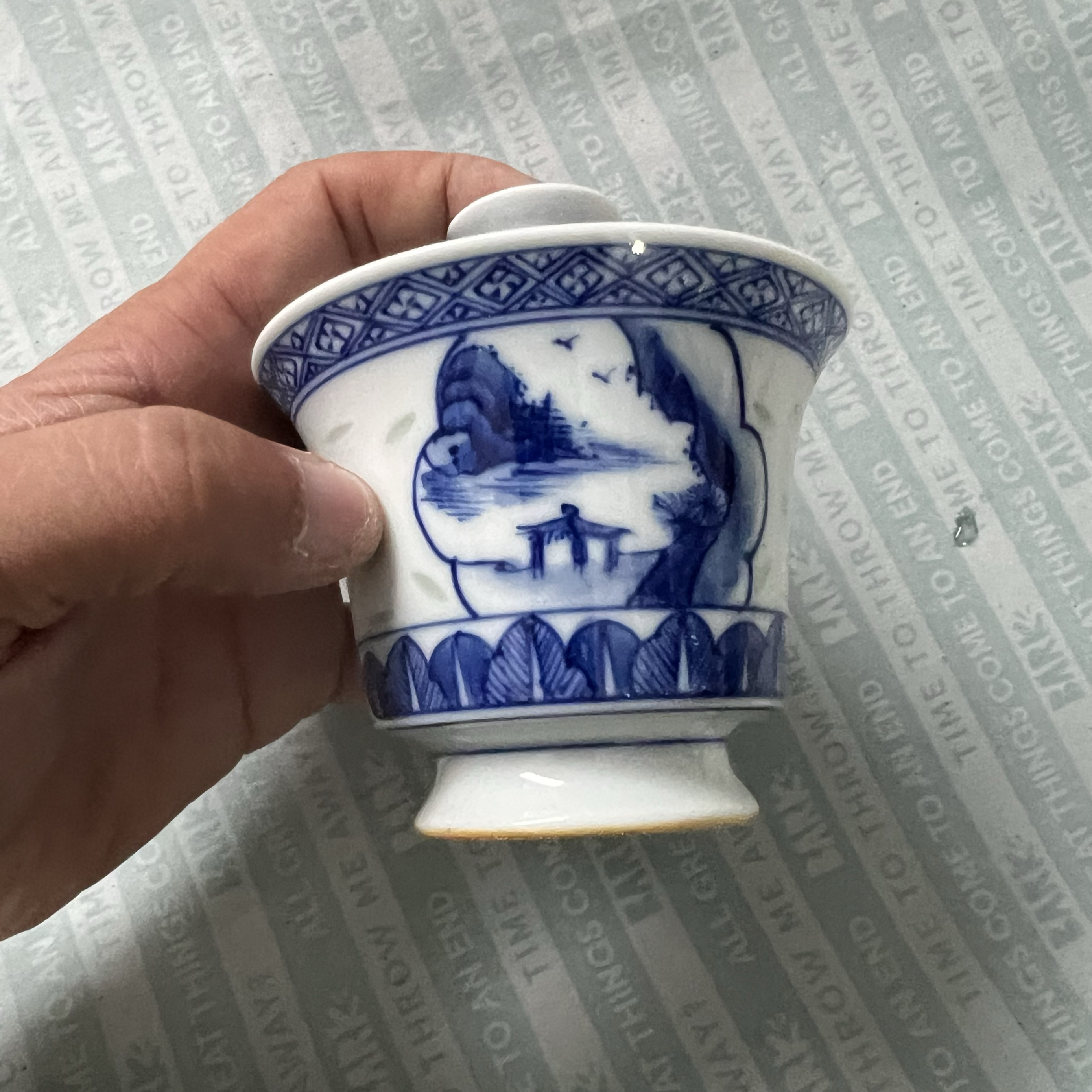 民国时期五六七青花山水玲珑盖碗杯古董古玩老货旧货收藏复古老件