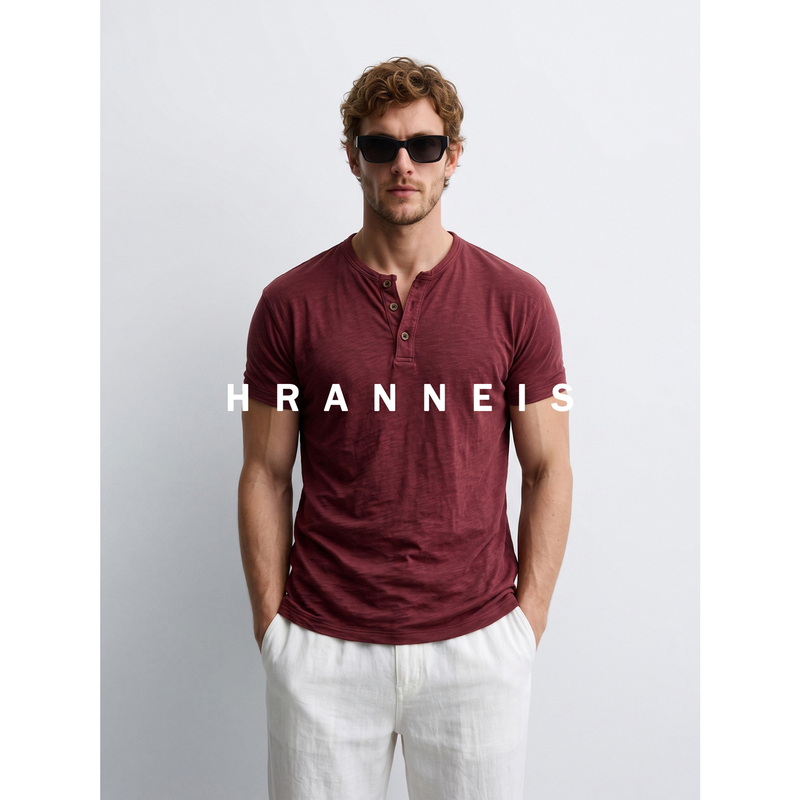 Hranneis Old Money Style Bamboo Cotton Henley Shirt Short-Sleeved Men's Summer Thin Tough Guy Polo Shirt T-Shirt