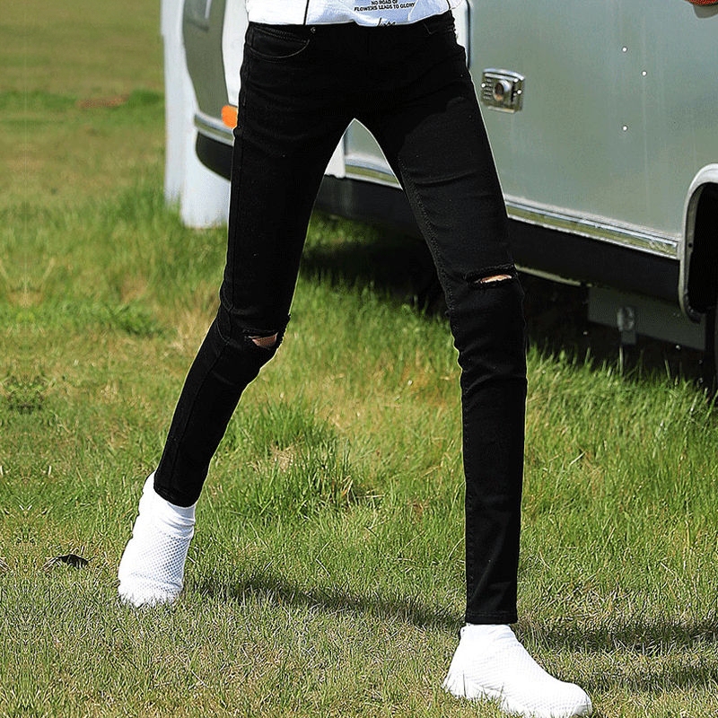 2026 Summer New Ripped Jeans for Men, Pure Black Slim Fit Skinny Pants, Stretchy Casual Trousers