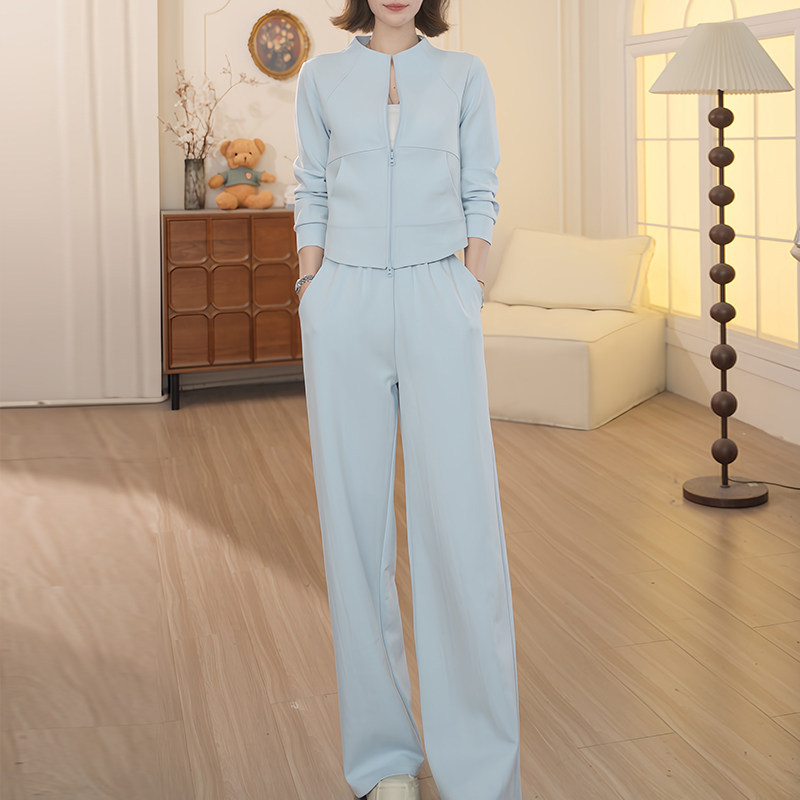Cream-Colored Stand-Up Collar Zipper Sweatshirt Casual Suit for Women 2026 Spring and Autumn New Style Loose Slimming Wide-Leg Pants Two-Piece Set
