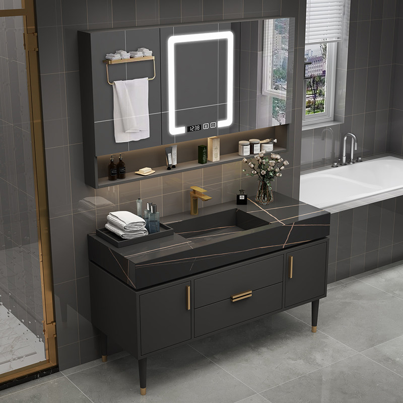 Modern Nordic light luxury rock plate one-piece basin Intelligent bathroom cabinet Floor-to-ceiling powder room hand wash basin cabinet combination