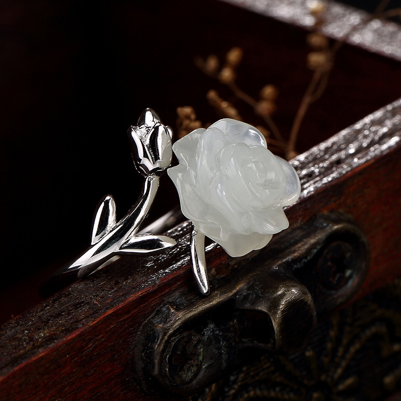 KaiKou Hetian BaiyuDream S925 Sterling Silver rose Ring Retro national style Opening Nephrite  ring Tanabata Valentine's Day gift